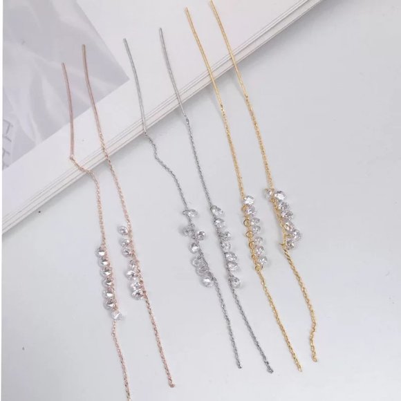 14k Gold Beautiful Diamond Drop Threader Earrings Sterling Silver - Picture 4 of 9